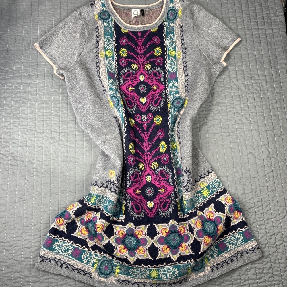 Anthropologie Akemi + Kin Gray Boho Intarsia Knit Sweater Dress XL Short Sleeve